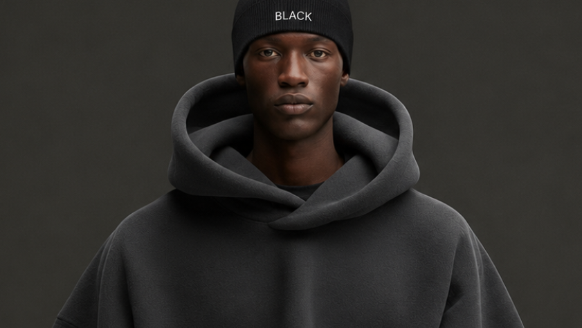 Person wearing a black hoodie and beanie on a dark background